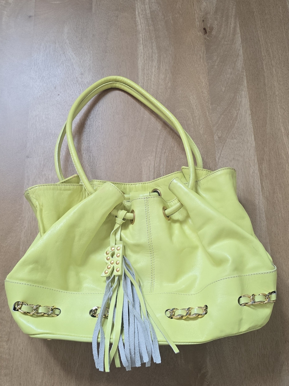 Roberta Gandolfi Italian Lime Green Leather Drawstring Tote Shoulder Bag Tassel